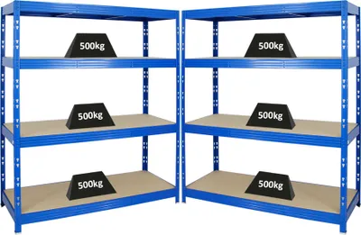 Produktbild von Mega Deal | 2x Profi Schwerlastregal Rhino | HxBxT 180x160x60cm | 4 Spanplatten-Ebenen 8mm | Fachlast 500kg | Blau