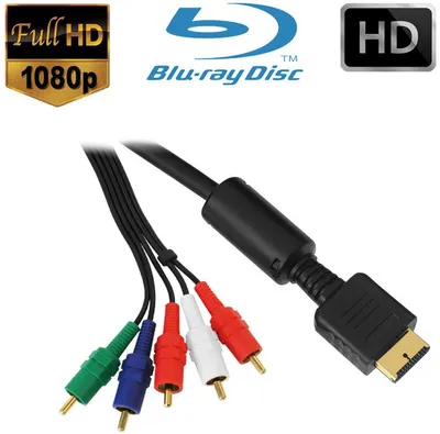 A product shot of a PS2/PS3 YUV component cable with various logos and text overlays.