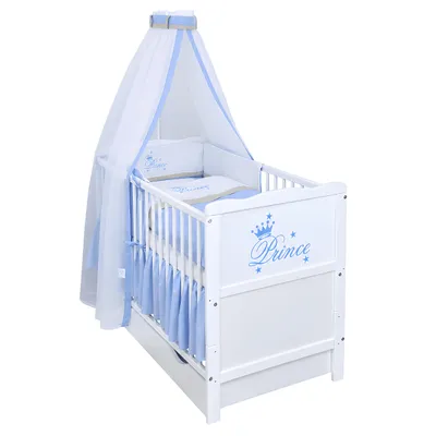 Produktbild von Baby-Delux Babybett Kinderbett Gitterbett Prince 60x120 Weiß mit Schublade 10-tlg Prince Bettwäsche Set Matratze, Beißschienen zum Schutz