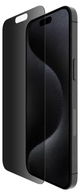 A privacy screen protector is shown being applied to an iPhone.
