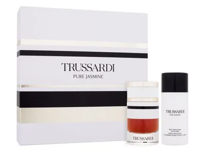 A gift set of TRUSSARDI Pure Jasmine perfume and body smoothing liquid, presented against a white background.