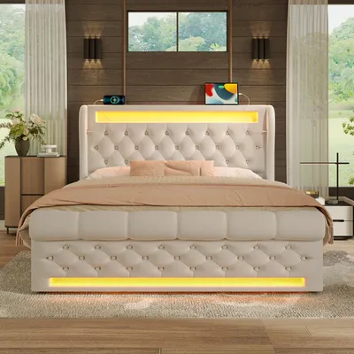 Zdjęcie produktu dla Łóżko tapicerowane Zerbaco, podwójne, 140x200 cm, z hydraulicznym podnoszeniem, oświetleniem LED, portami USB i typu C, kolor beżowy, obicie z weluru, bez materaca