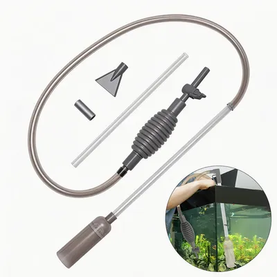Produktbild von Aquarium Mulmsauger 1,7 m, Kiesreiniger & Wasserwechsel Set, mit 3 Aufsätzen, Durchflussregelung, manuelle Pumpe, für Bodengrund & Glas Reinigung