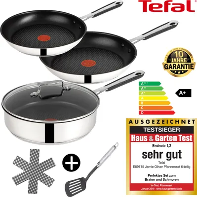 A collection of Tefal cookware items, including frying pans and a pot with a lid, displayed with marketing labels and certifications.