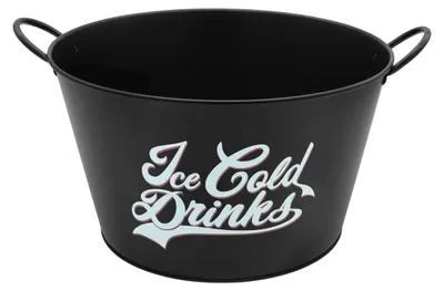 Produktbild von Vintage Metall Getränkekühler schwarz rund mit Griffen - 40 x 23 cm - Retro Flaschenkühler 29 L mit Aufdruck Ice Cold Drinks