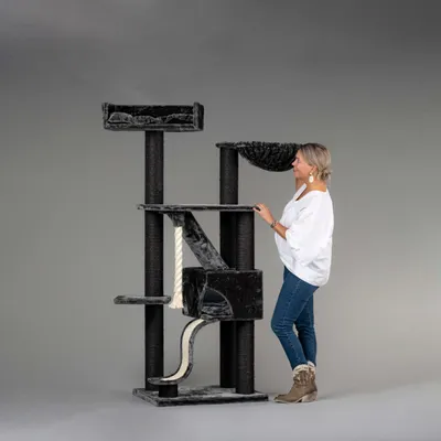 Zdjęcie produktu dla RHRWysokiej jakości drapak dla dużych kotów - Kilimandjaro Deluxe - 195 cm wysokości - z 12 cm sizalowymi słupkami i luksusową powierzchnią do leżenia - Blackline ciemnoszary