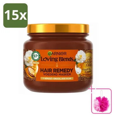 Imagen del producto de 15 mascarillas capilares Garnier Loving Blends, con aceite de argán y de camelia, para cabello seco y sin brillo, 340 ml. Pack ahorro - 15 unidades