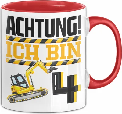 Produktbild von 4. Geburtstag Geschenk Tasse Becher Jungs Baustelle Geburtstagsgeschenk Achtung Ich Bin 4 (Rot)