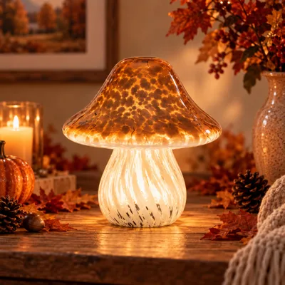 Produktbild von LED Glas-Pilz mit Timerfunktion - Herbstdeko gold-weiß Ø 18 x 18 cm