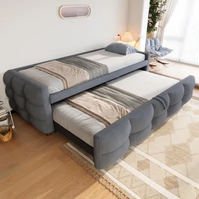 Produktbild von MODFU Polsterbett Kinderbett Doppelbett,Jugendbett Ausziehbares Schlafsofa 90/180*190cm, Puffbett, Samtstoff,Mit Lattenrost, Multifunktionsbett, Ohne Matratze Grau