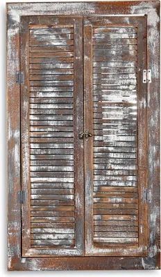A rustic, weathered wooden mirror with shutter-style doors.