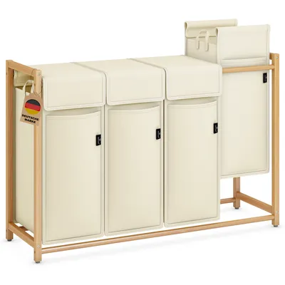 Produktbild von Freeyi Wäschesammler Bambus Beige 200L mit 4 Fächern, abnehmbaren Taschen und feststellbaren Rollen