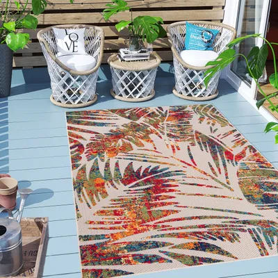 Obrázek produktu pro Carpeto Rugs Leaf Pattern Indoor & Outdoor Rug Weatherproof for Balcony, Terrace - Balkonový koberec odolný proti vodě - Venkovní koberec odolný proti povětrnostním vlivům - Venkovní koberec Terrace Large - Multicoloured Multicoloured 1 - 120 x 170 cm