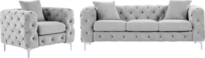 Produktbild von 3-Sitzer Sofa und Velourssessel hellgrau - EDWINA
