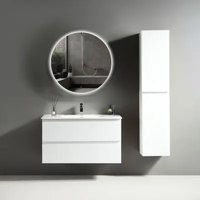 Produktbild von Alpenberger Waschbecken mit Unterschrank 100 cm Breit | Waschbeckenunterschrank Gäste WC | Led Badspiegel | Runder Spiegel mit Beleuchtung | Badezimmerschrank Hochschrank