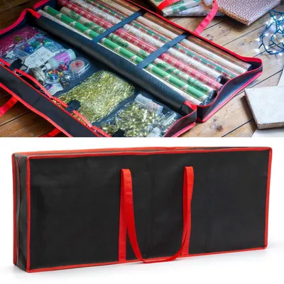 Productafbeelding van Opbergtas voor Inpakpapier - Organizer voor Kerstdecoraties - Zwart 82 x 31 x 13 cm - Volledig Ritssluiting - Extra Groot Handvat - Houdt Rollen tot 80 cm Breed - Inpakpapierhouder