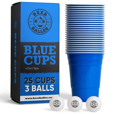 Produktbild von BeerBaller® Blue Cups - 25 blaue Beer Pong Becher & 3 Bierpong Bälle als Set