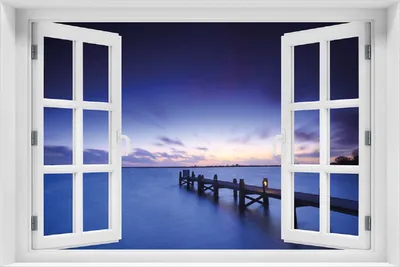 Produktbild von Wallario Poster mit Fenster-Illusion: Steg bei Abenddämmerung - Blauer Himmel bei Nacht, Größe: 100 x 150 cm