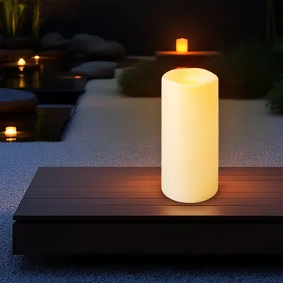 Produktbild von XXL LED Outdoor Kerze cremeweiß mit Timer - 30 cm - Elektrische Stumpenkerze groß für Außen mit Flammen Effekt