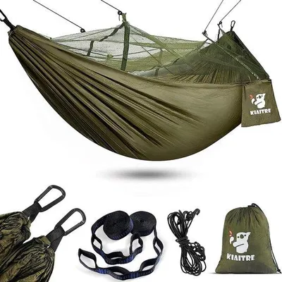 Produktbild von Unyqoos® Hängematte mit Moskitonetz – leichte 210T Nylon Outdoor-Hängematte 240 x 120 cm, inkl. 2 Karabiner & Baumgurte, Packmaß 20,32 x 12,7 cm, Gewicht 480 g, Tragkraft 440 kg