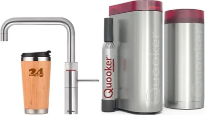 Produktbild von »QUOOKER FUSION SQUARE Festauslauf Edelstahl COMBI B mit CUBE 2 (22FSRVSCUBE)« 100°C Kochendwasserhahn mit Trinkwassersystem Inklusive Thermobecher