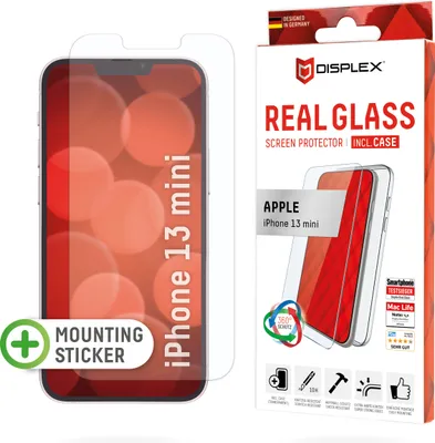 Produktbild von Displex Panzerglas (10H) + Case für Apple iPhone 13 mini, Montagesticker, + Case, Tempered Glas, kratzer-resistente Schutzfolie, Apple, iPhone 13 mini, Trockene Anwendung, Schlagfest, Kratzresistent, Staubresistent, Transparent, 1 Stück(e)