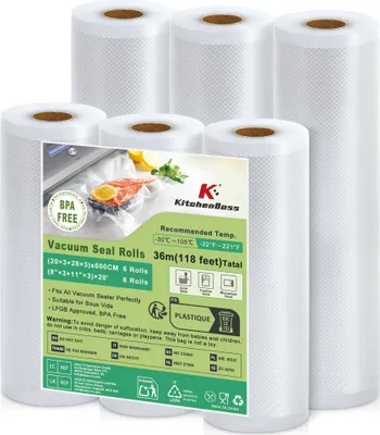 Image de Sacs de conservation sous vide KitchenBoss : 6 rouleaux, dont 3 rouleaux de 20x600 cm et 3 rouleaux de 28x600 cm