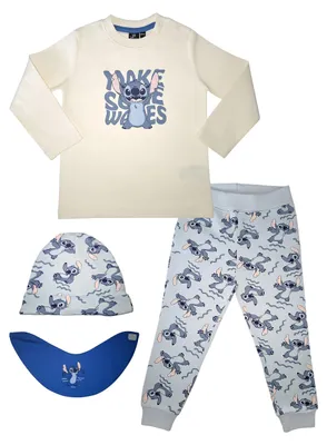 Produktbild von Disney Lilo & Stitch Baby Set - Make Some Waves - Unisex Oberteil Pullover mit Hose, Mütze & Halstuch 4-Teiler Beige/Blau 74-80