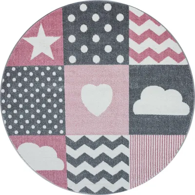 Image de Tapis pour enfants, motif cœur et étoile, rose, 120 x 120 cm, forme ronde