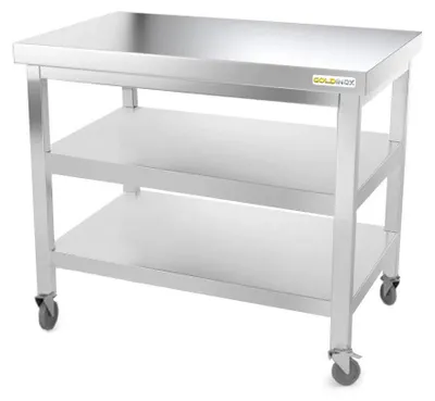 Produktbild von Arbeitstisch aus Edelstahl, 1200 x 600 mm, mit 2 Rollenablagen,  – GOLDINOX