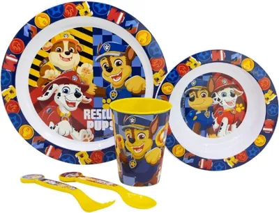 Obrázek produktu pro Sada talířů Paw Patrol Pětidílná sada dětského nádobí s protiskluzovým dnem vhodná do mikrovlnné trouby