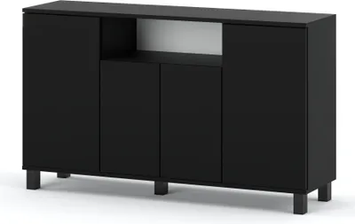 A black minimalist sideboard with four doors and an open shelf in the middle, shown against a white background.