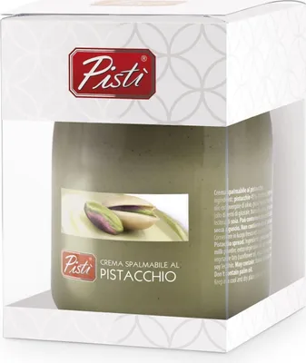 A jar of pistachio cream in its packaging.