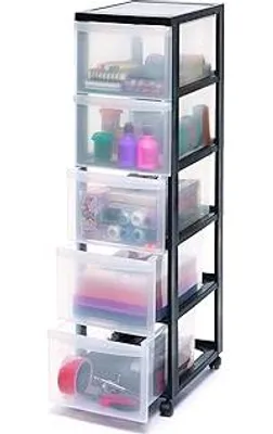 Immagine prodotto di Iris Ohyama Cassettiera in plastica con rotelle, 5 cassetti profondi, nero, maniglie per il trasporto, per camera da letto, bagno, scuola e ufficio, senza BPA, cassettiera, contenitore con rotelle, cassetto A4, DC-305
