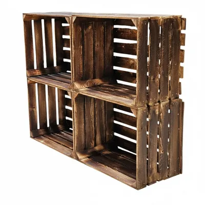 Four wooden crates stacked in a 2x2 configuration against a white background.