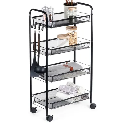 A black metal rolling cart with four shelves, filled with kitchen items and towels.