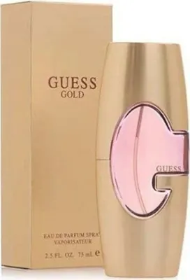 A gold-colored perfume bottle and its packaging.