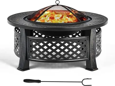 Imagen del producto de Hoguera, brasero con rejilla para asar, cesta para fuego de 81 cm de diámetro con protección contra chispas, brasero para jardín, incluye ganchos para manipular la leña, ideal para barbacoas, picnics y hogueras