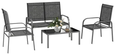 Immagine prodotto di Set da Giardino 4 Pezzi con Divano 2 Sedie e Tavolino Basso con Piano in Vetro Rivestimento in Textilene Nero