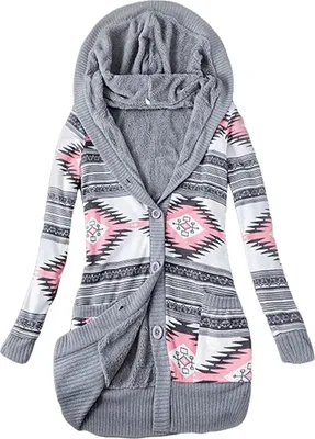 Produktbild von ASKSA Damen Drucken Strickpullover Strickjacke Knopf Plüschjacke mit Taschen Mittellange Sweater, Grau Rosa, 3XL