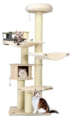 Produktbild von Großer Kratzbaum, 197 cm, mit Hängematte, Katzenhöhle, Hängekorb und Bällen, 15 cm dicke Stämme, aus Holz, Katzenmöbel, Kletterbaum, Aktivitätsbaum, Spielbaum, Beige
