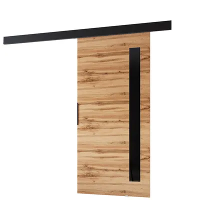Produktbild von MINIO go for it, Schiebetür, „PRIM G“, Innentür, Türen, mit schwarzem Glas, schwarzer Griff, 96 cm, Wotan Eiche/ Schwarze Farbe
