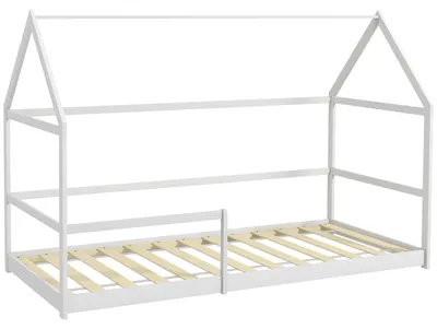 Image de Lit pour enfant en forme de maison, avec barrières de sécurité et accès facile, en bois massif de pin, pour matelas de 190x90 cm