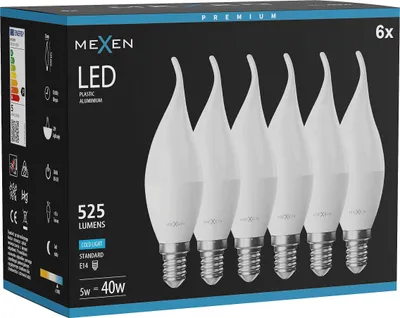 Zdjęcie produktu dla Mexen Nova 6x żarówka LED płomyk E14, C37, 5W, Zimna - 6500K, 525 lm - L106-E14-0565-01x06