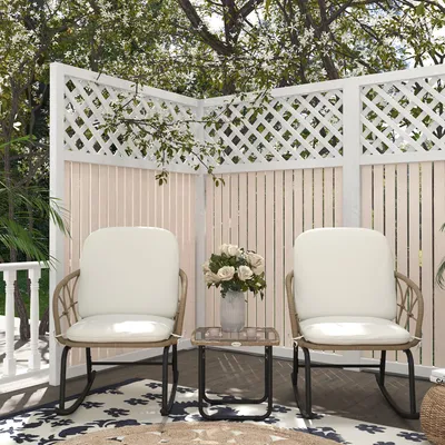 Produktbild von Schaukelstuhl-Set 3-tlg. Bistro-Set, Schaukelstühle Boho-Stil, PE-Rattan Stahl, Gelb Creme | 63x82x75 cm | 5mm Glasplatte | wetterfest