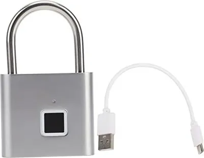 Produktbild von Smart Fingerabdruck Vorhängeschloss, 0,5 Sekunden entsperren, 10 Fingerabdrücke, USB -Schnittstelle, 3 Farblichtgepäck (Silber)