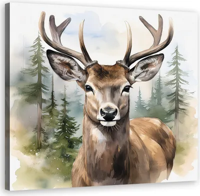 Produktbild von Leinwandbild Hirsche Bäume Wald Aquarell 60x60 Feeby Grün bild für die wand bereit zum aufhängen