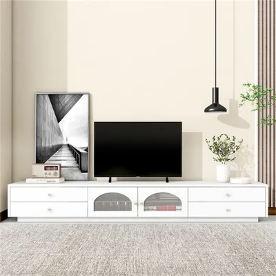 Produktbild von TV-Schrank mit 4 Schubladen und zwei Glastüren mit Glasfach  hinter den Türen - kann einen 90 TV aufnehmen, TV board