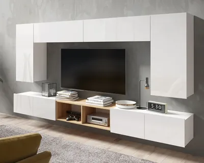 Produktbild von Wohnwand Amanda XII Komplette Möbelwand Breite 300cm Anbauwand Wohnzimmer-Set Hängewohnwand (Weiß matt + Weiß Hochglanz Fronten / Goldene Eiche)