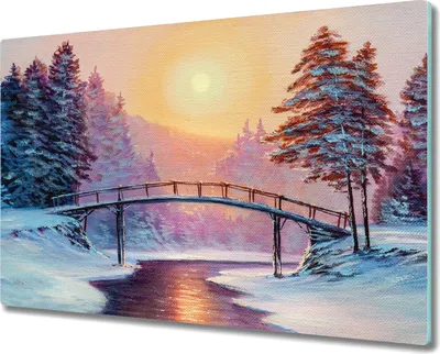 Produktbild von Coloray Herdabdeckplatte 80x52 cm Schneidebrett Kochplattenabdeckung Küchenbrett Hackbrett - Gemälde Winter Baumbrücke